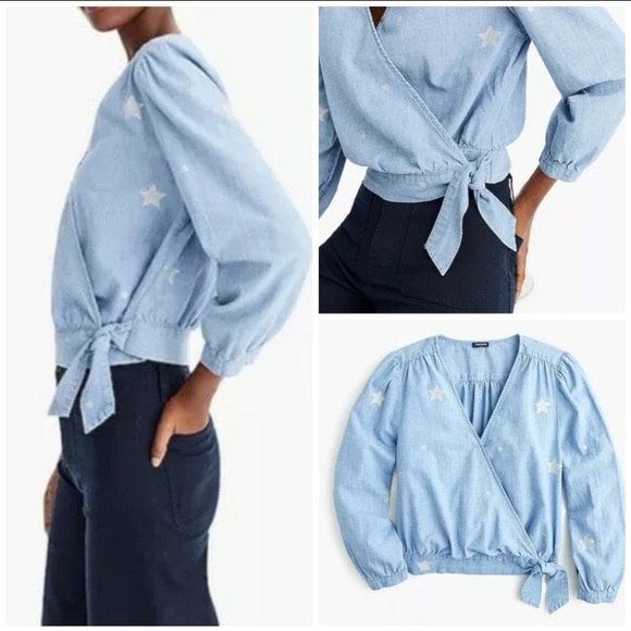 J. Crew | Chambray Star Print Wrap Top NWT XS - Picture 3 of 9